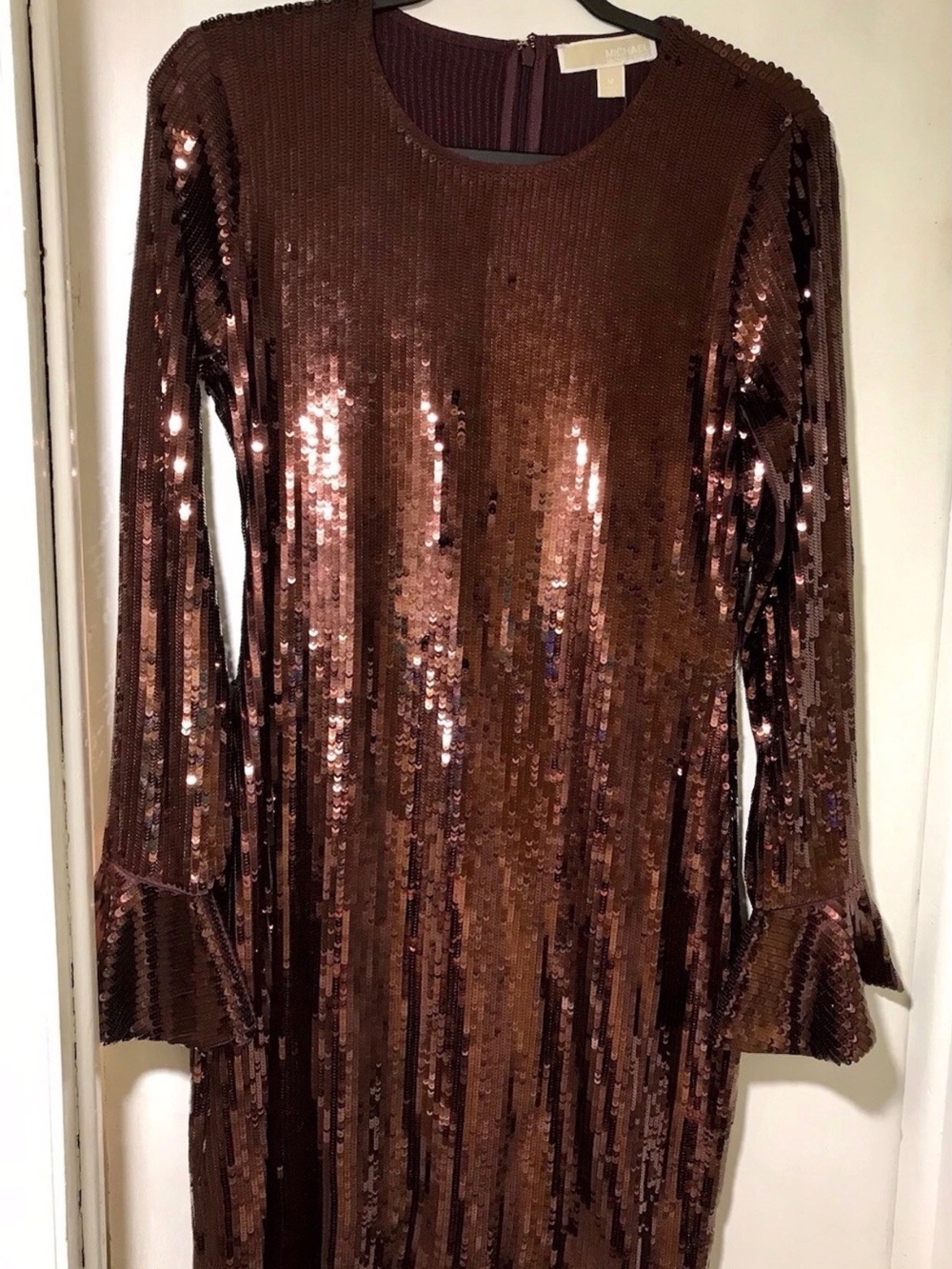Michael Michael Kors Cordovan Sequin Mini Dress With Long Bell Cuff Sleeve M NWT